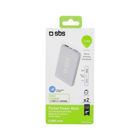 Внешний аккумулятор SBS, 2 USB порта, 5000мАч, белый (TEBB5000POCW) - фото 2