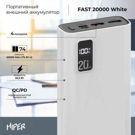 Внешний аккумулятор Hiper Fast 20000 20000mAh 5A QC PD 2xUSB белый (FAST 20000 WHITE) - фото 4