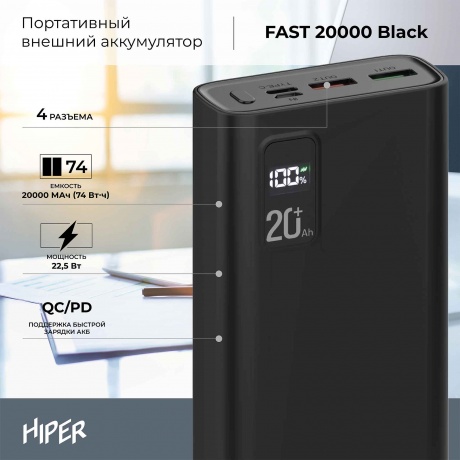 Внешний аккумулятор Hiper Fast 20000 20000mAh 5A QC PD 2xUSB черный (FAST 20000 BLACK) - фото 4