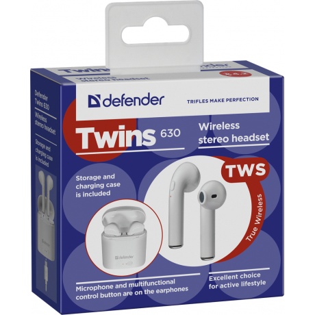 Наушники Defender Twins 630 White,TWS, Bluetooth (63630) - фото 5