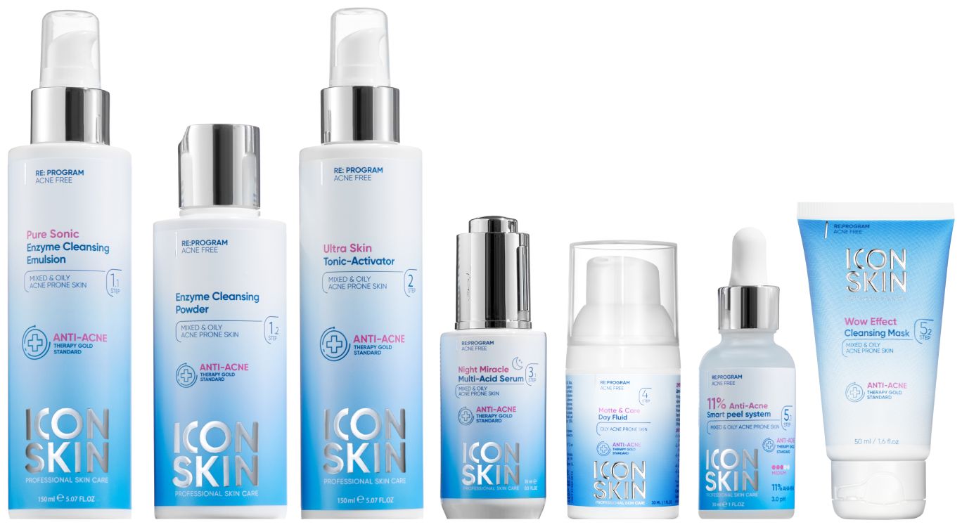 Косметический набор Icon Skin для лечения акне. 7 средств travel-size. Проф уход для проблемной кожи.