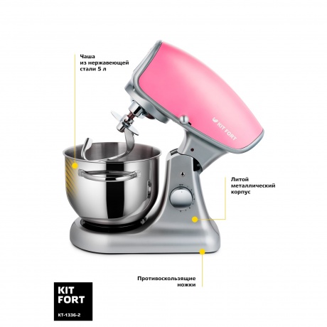 Миксер планетарный цельнометаллический Kitfort КТ-1336-2 розовый - фото 3