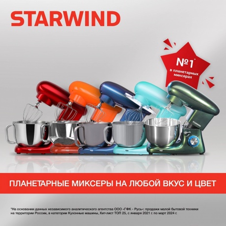 Миксер планетарный Starwind SPM7165 1900Вт красный - фото 20