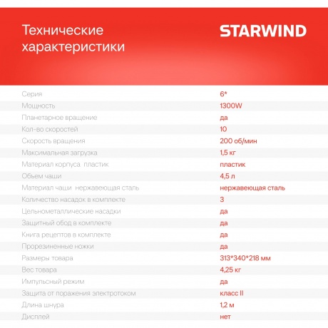Миксер планетарный Starwind SPM6161 1300Вт мятный - фото 39