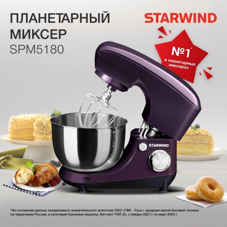 Миксер планетарный Starwind SPM5180 1300Вт ежевичный - фото 4