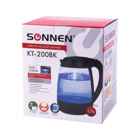 Чайник SONNEN KT-200BK, 1,7л, 2200Вт, закрытый нагр. элемент, стекло, подсветка, черный, 451709 - фото 12