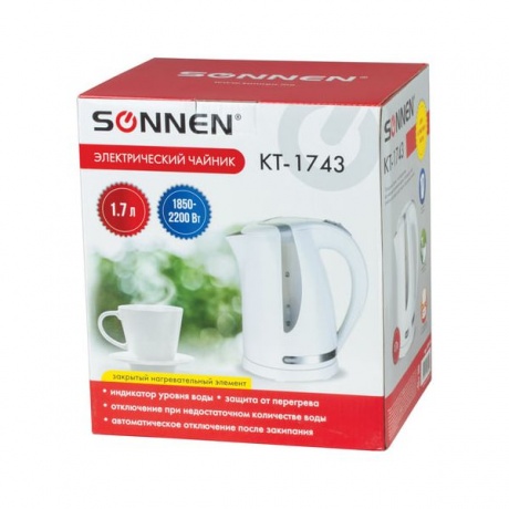 Чайник SONNEN KT-1743, 1,7л, 2200Вт, закрытый нагревательный элемент, пластик, белый, 453414 - фото 7