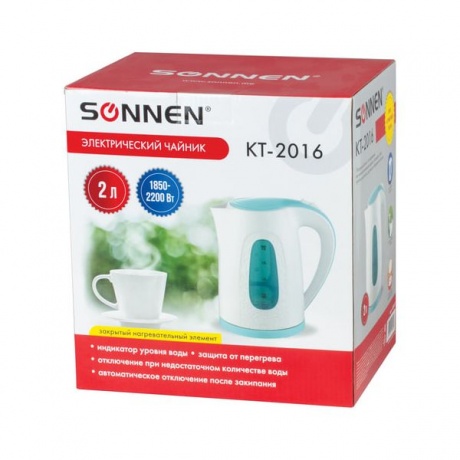 Чайник SONNEN KT-2016, 2,0л, 2200Вт, закрытый нагревательный элемент, пластик, белый/голубой,453417 - фото 7