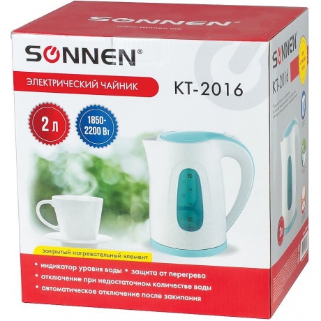 Чайник SONNEN KT-2016, 2,0л, 2200Вт, закрытый нагревательный элемент, пластик, белый/голубой,453417 - фото 8