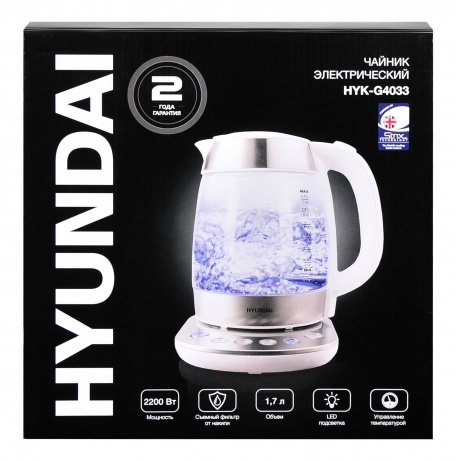 Чайник электрический Hyundai HYK-G4033 1.7л. 2200Вт белый/серебристый (корпус: стекло) - фото 9
