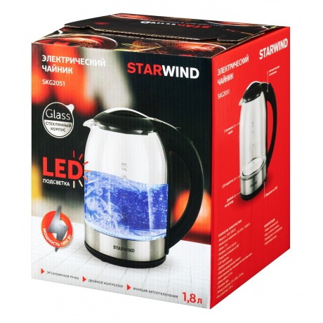 Чайник электрический Starwind SKG2051 1.8л. 1800Вт черный/серебристый (корпус: стекло) - фото 3