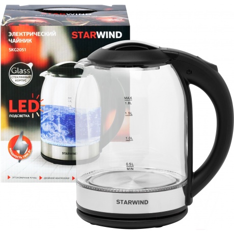Чайник электрический Starwind SKG2051 1.8л. 1800Вт черный/серебристый (корпус: стекло) - фото 11