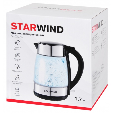 Чайник электрический Starwind SKG3026 1.7л. 2200Вт черный/серебристый (корпус: стекло) - фото 7
