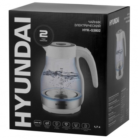 Чайник электрический Hyundai HYK-G3802 1.7л. 2200Вт белый/серебристый (стекло) - фото 12