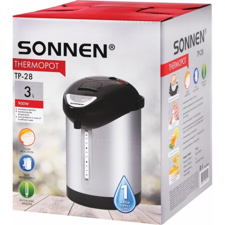 Термопот SONNEN TP-28, 3л, 900 Вт, 1 темп режим, ручной насос, сталь, черный/серебро, 456712 - фото 8
