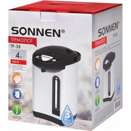 Термопот SONNEN TP-38, 4л, 900 Вт, 1 темп режим, 3 режима подачи воды, сталь, черный/сереб, 456710 - фото 8