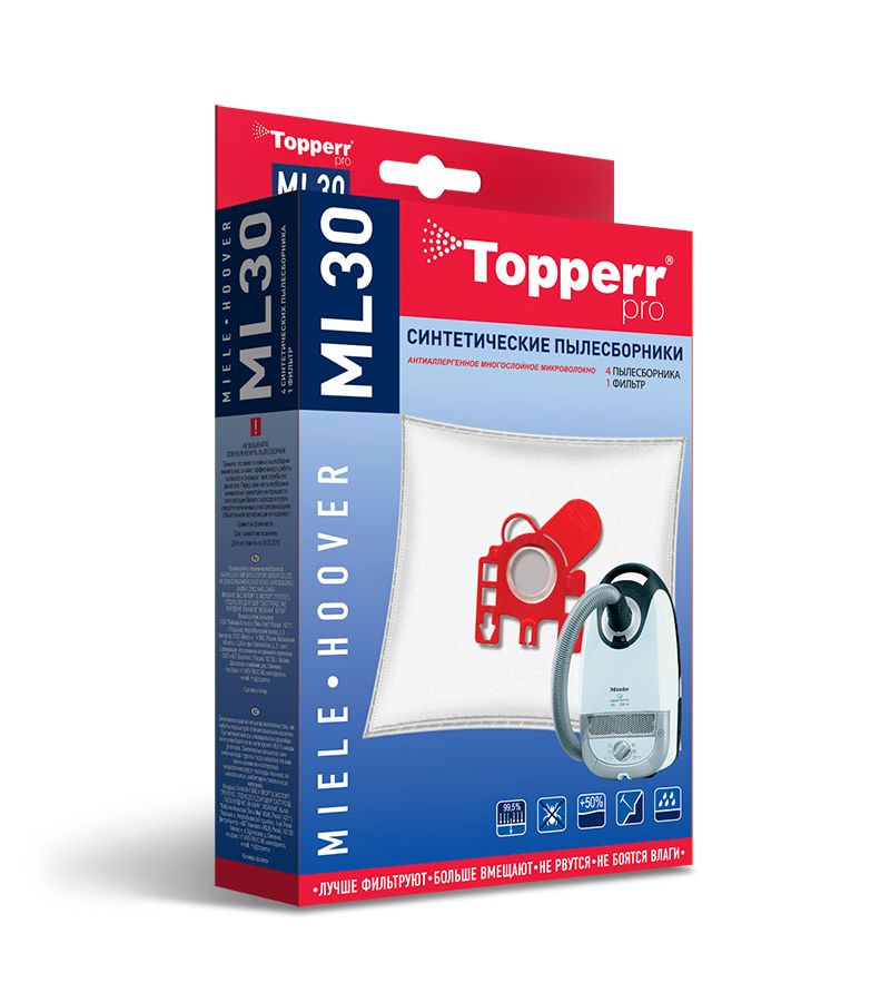 Пылесборники Topperr ML 30 (4пылесбор.+фильтр) пылесборники синтетические topperr ml 40 fjm 3d для пылесосов miele 4 штуки 2 универсальных фильтра для пылесосов miele 1438