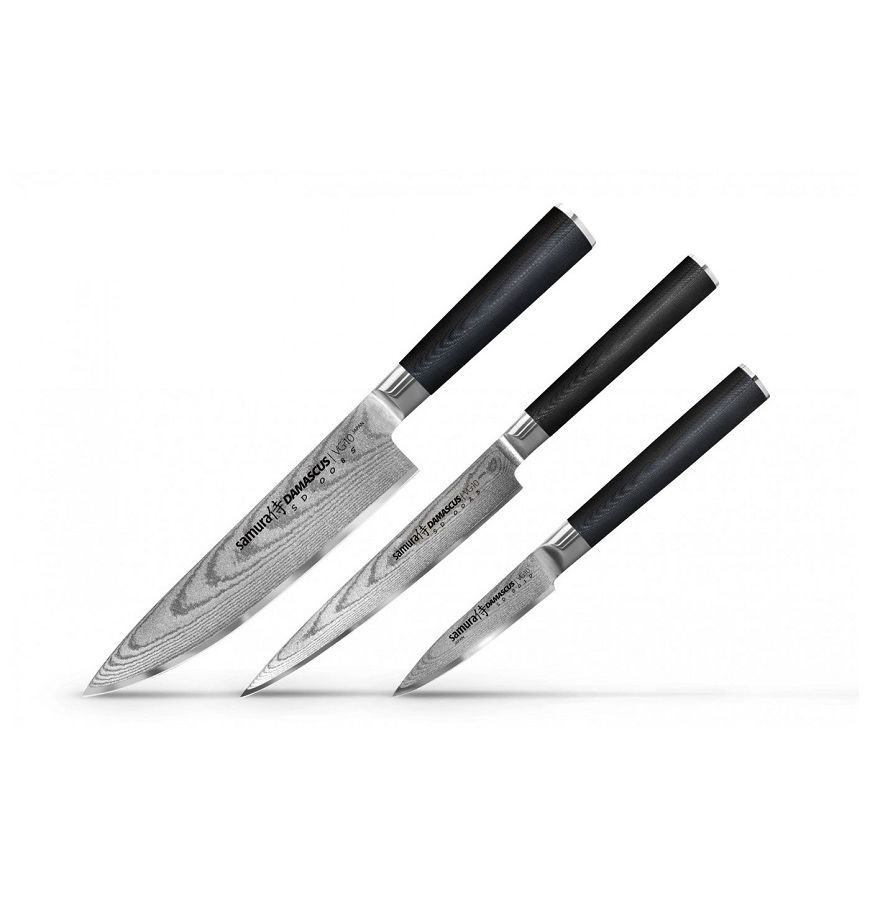 набор из 3 кухонных ножей samura super 5 vg 10 5 слоев микарта Набор из 3 ножей Samura Damascus, G-10, дамаск 67 слоев, в подарочной коробке