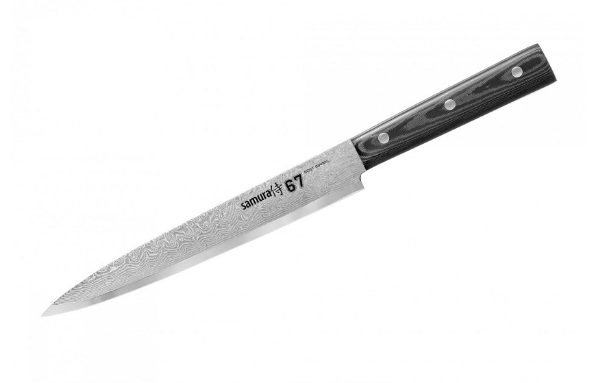 Нож Samura для нарезки 67, 19,5 см, дамаск 67 слоев, микарта слайсер gefu spirelli для нарезки спирали с держателем