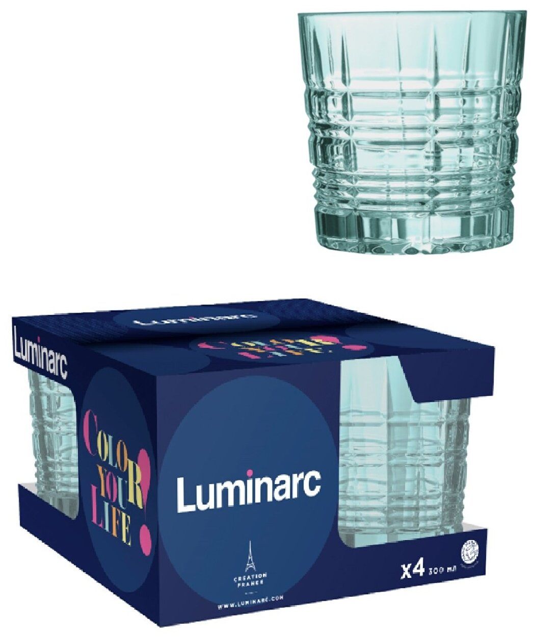 Набор стаканов ДАЛЛАС бирюзовый 4шт 300мл низкие LUMINARC O0133 набор стаканов luminarc даллас время дегустаций 4шт 300мл низкие стекло