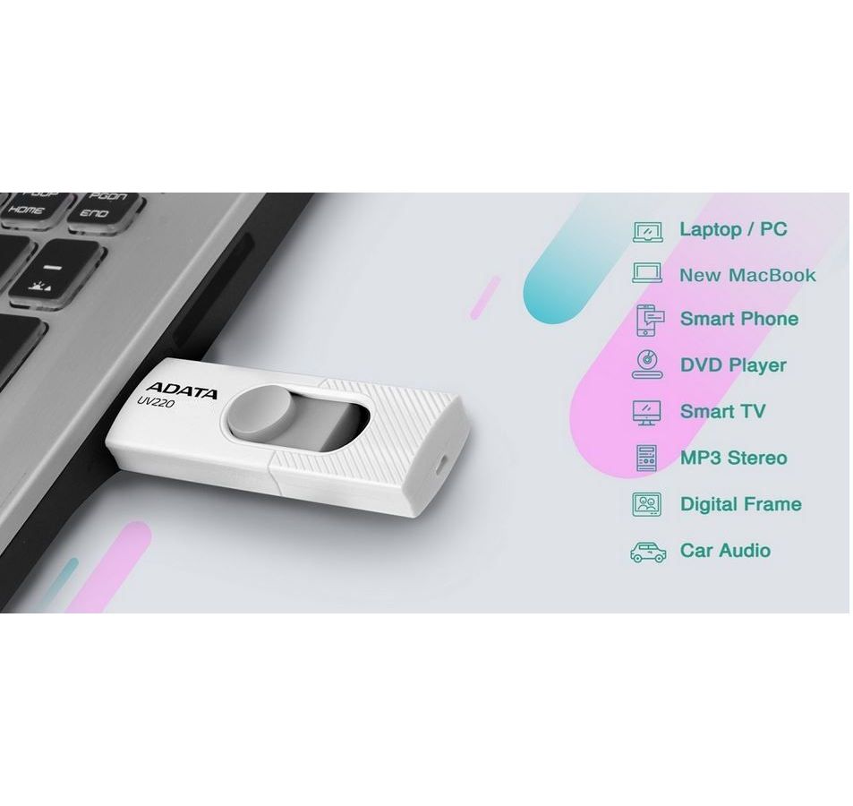 Флешка 64GB ADATA UV220, USB 2.0, белый/серый AUV220-64G-RWHGY – купить в  Москве | интернет-магазин KotoFoto.ru