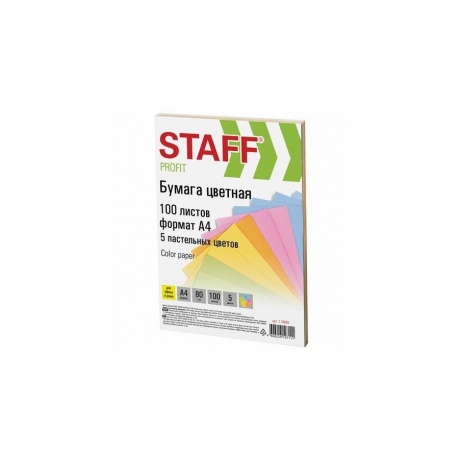 Бумага цветная STAFF color, А4, 80 г/м2, 100 л., микс (5 цв. х 20 л.), пастель, для офиса и дома, 110889 - фото 1