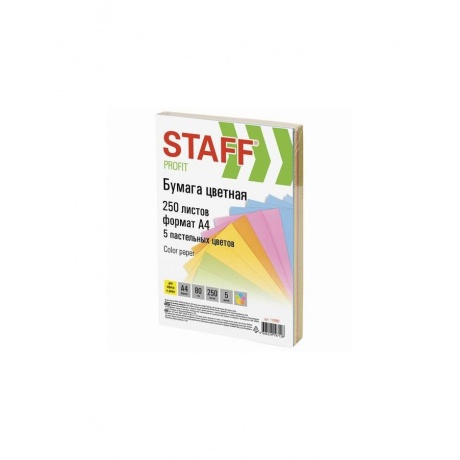 Бумага цветная STAFF color, А4, 80 г/м2, 250 л., микс (5 цв. х 50 л.), пастель, для офиса и дома, 110890 - фото 1