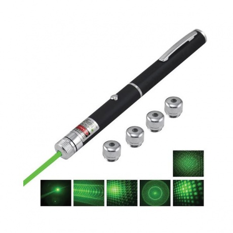 Указка лазерная, радиус 1000 м, зеленый луч, плюс 5 насадок, черный корпус, клип, футляр, GP-02 - фото 3