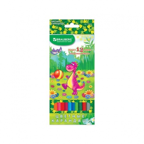 Карандаши цветные BRAUBERG Динозаврик - футболист, 12 цветов, заточенные, картонная упаковка, 180530, (6 шт.) - фото 1