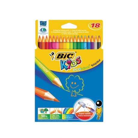 Карандаши цветные BIC Kids ECOlutions Evolution, 18 цветов, пластиковые, заточенные, европодвес, 937513 - фото 1