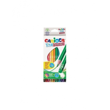 Карандаши цветные стираемые с резинкой CARIOCA &quot;Erasable&quot;, 12 цветов, пластик, шестигранные, заточенные, 42897 - фото 1