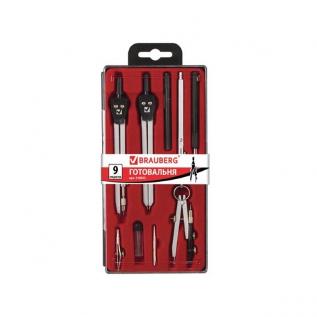 Готовальня BRAUBERG Architect, 9 предметов: циркуль + измер + кр...