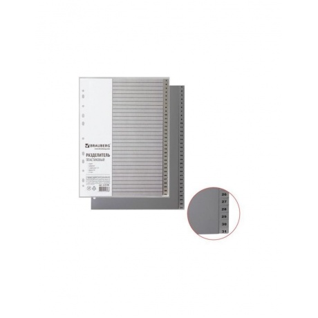 Разделитель пластиковый BRAUBERG, А4, 31 лист, цифровой 1-31, ог...