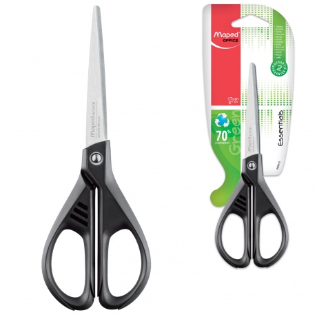 Ножницы MAPED (Франция) Essentials Green, 170 мм, черные, картонная упаковка с европодвесом, 467010, 468010, (6 шт.) - фото 1