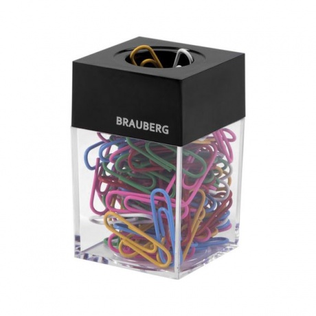 Скрепочница магнитная BRAUBERG, 100 цветных скрепок 28мм, прозр....