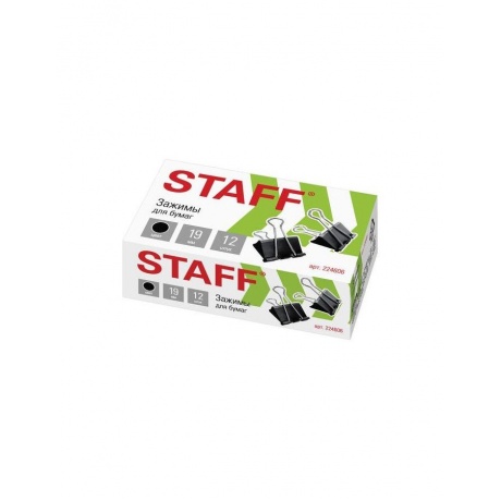 Зажимы для бумаг STAFF, КОМПЛЕКТ 12 шт., 19 мм, на 60 листов, черные, картонная коробка, 224606, (12 шт.) - фото 1