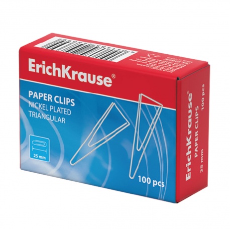 Скрепки ERICH KRAUSE, 25 мм, металлические, треугольные, 100 штук, в картонной коробке, 24869 - фото 1