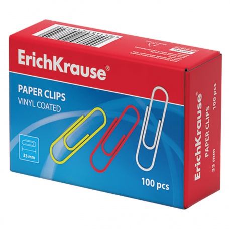 Скрепки ERICH KRAUSE, 33 мм, цветные, 100 шт., в картонной коробке, 24872 - фото 1