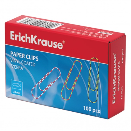 Скрепки ERICH KRAUSE, 33 мм, с цветными полосками Zebra, 100 шт., в картонной коробке, 24874 - фото 1