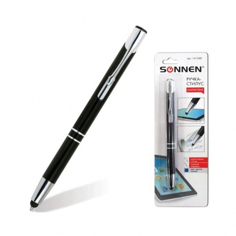 Ручка-стилус SONNEN для смартфонов/планшетов, СИНЯЯ, корпус черный, серебристые детали, линия письма 1 мм, 141588, (5 шт.) - фото 1