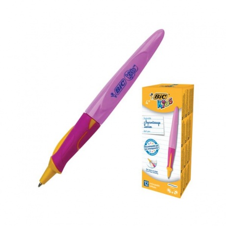 Ручка шариковая с грипом BIC Kids Twist, СИНЯЯ, для детей, корпус розовый, узел 1 мм, линия письма 0,32 мм, 918458 - фото 1