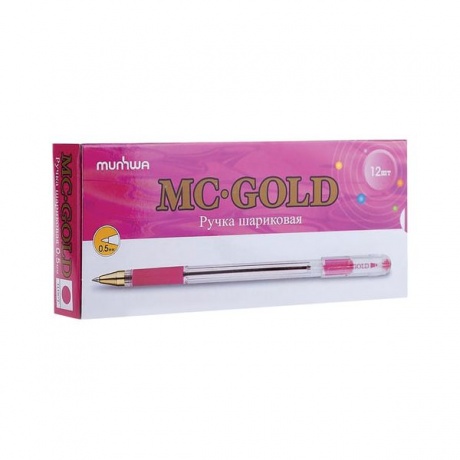 Ручка шариковая масляная с грипом MUNHWA MC Gold, РОЗОВАЯ, корпус прозрачный, узел 0,5 мм, линия письма 0,3 мм, BMC-10, (12 шт.) - фото 2