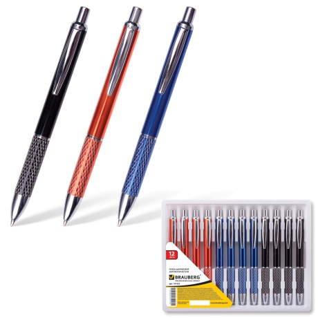 Ручка бизнес-класса шариковая BRAUBERG Aura, корпус ассорти, узел 1 мм, линия письма 0,7 мм, синяя, 141423, (Цена за 12 шт.) - фото 1