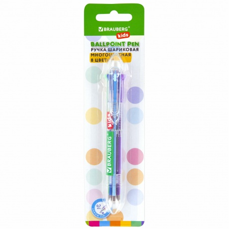 143938, (цена за 4 шт.) Ручка многоцветная шариковая автоматическая 8 ЦВЕТОВ, узел 0,7 мм, на блистере, BRAUBERG KIDS, 143938 - фото 1