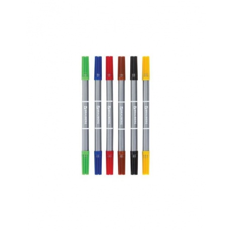 Фломастеры двухсторонние BRAUBERG 6 цветов, пишущие узлы 2 и 5 мм, вентилируемый колпачок, картонная упаковка, 151408, (6 шт.) - фото 2