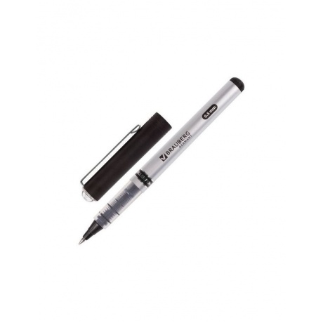 Ручка-роллер BRAUBERG Flagman, ЧЕРНАЯ, корпус серебристый, хромированные детали, узел 0,5 мм, линия письма 0,3 мм, RP102, (12 шт.) - фото 1