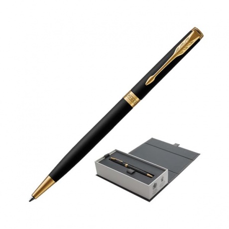 Ручка шариковая PARKER Sonnet Core Matt Black GT Slim, тонкая, корпус черный матовый лак, позолоченные детали, черная, 1931520 - фото 1
