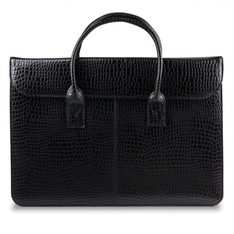 Портфель-сумка женский из натуральной кожи, 38х28х8 см, под крокодила, 2 отдела, клапан с магнитом, черный, 8-095 - фото 1