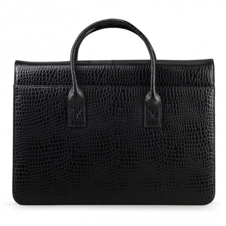 Портфель-сумка женский из натуральной кожи, 38х28х8 см, под крокодила, 2 отдела, клапан с магнитом, черный, 8-095 - фото 2