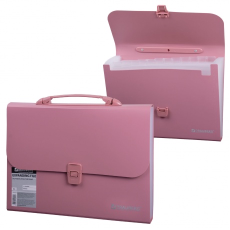 Портфель пластиковый BRAUBERG А4 (327х254х30 мм), 13 отделений, индексные ярлыки, розовый, 221441 - фото 1